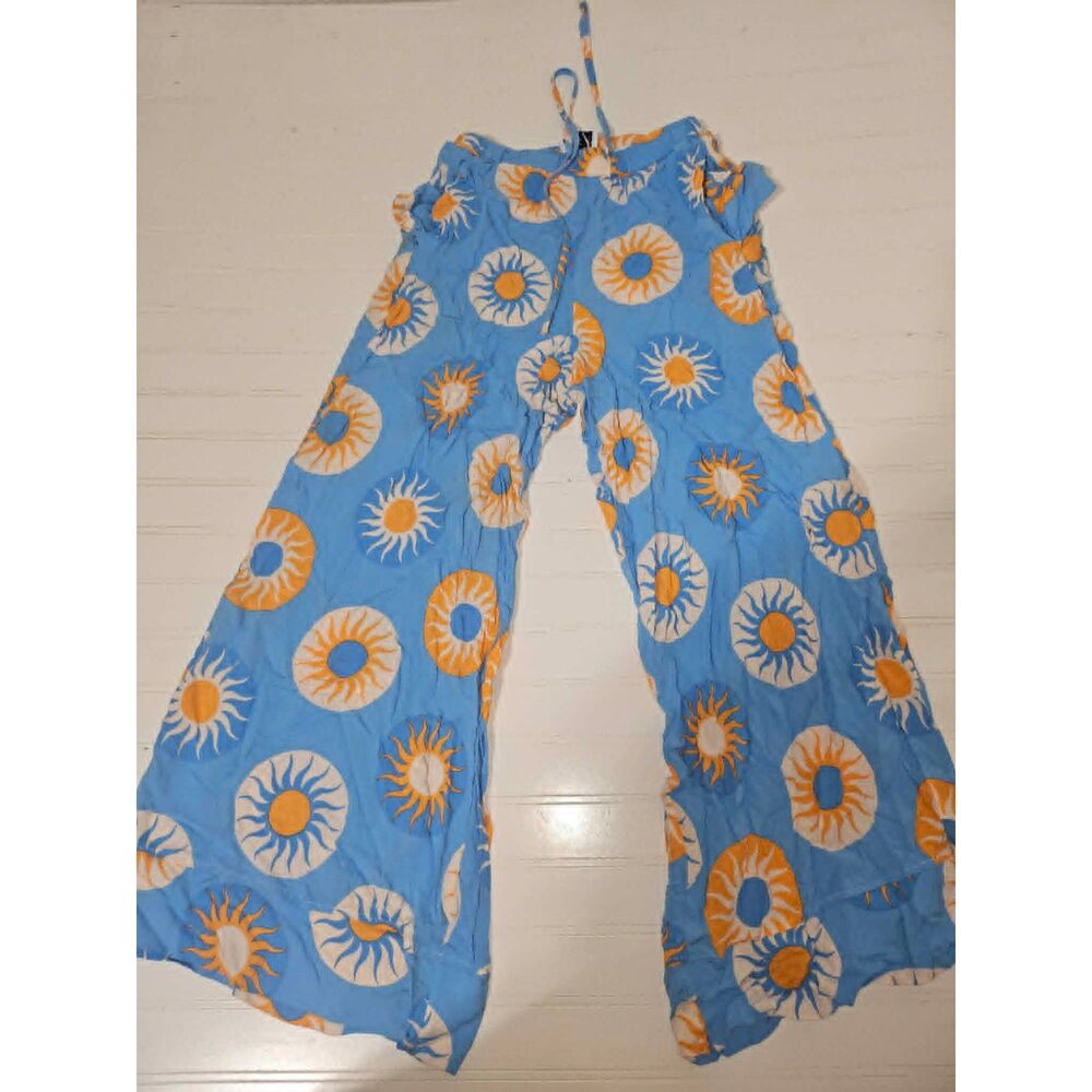 Heychic Boho Celestial Sun Print Wide Leg Pants Blue Yellow XS / AU 6/ US 2